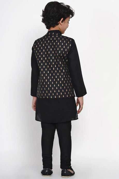Buy Boy's Black Kurta Pajama Set with Black Waistcoat Set Online - Zoom In