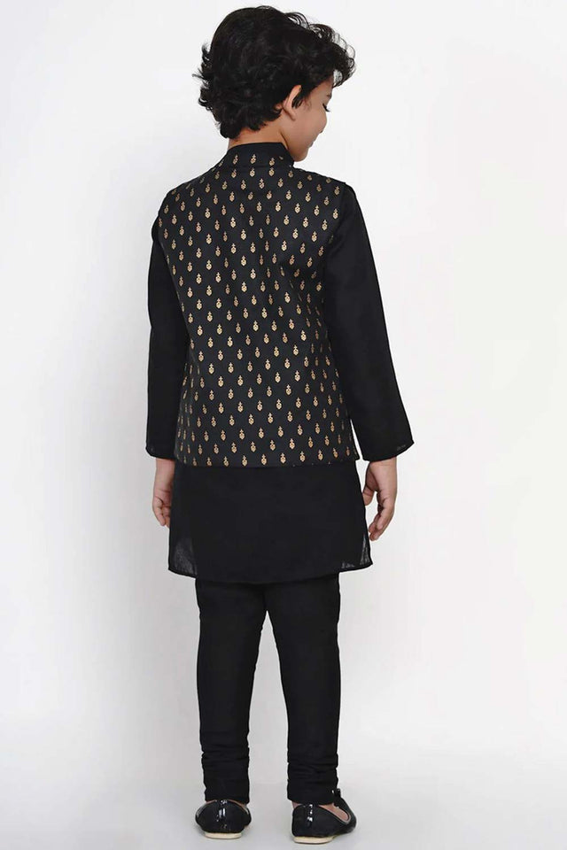 Buy Boy's Black Kurta Pajama Set with Black Waistcoat Set Online - Zoom In