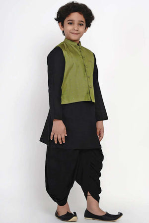 Buy Boy's Black Kurta Dhoti Set With Green Waistcoat Set Online - Front