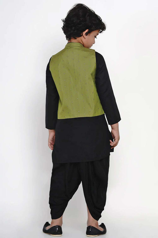 Buy Boy's Black Kurta Dhoti Set With Green Waistcoat Set Online - Zoom In