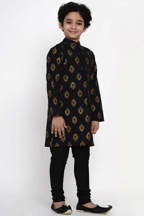 Buy Boy's Black Kurta With Black Pajama Set Online - Front