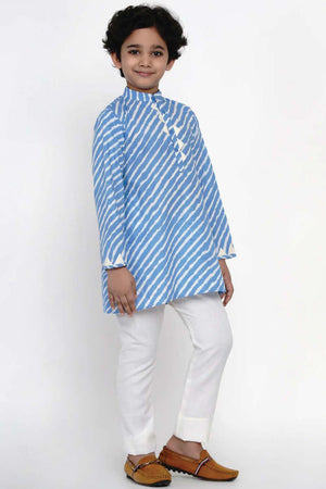 Buy Boy's Blue Laheriya Kurta With Off-White Pajama Set Online - Front