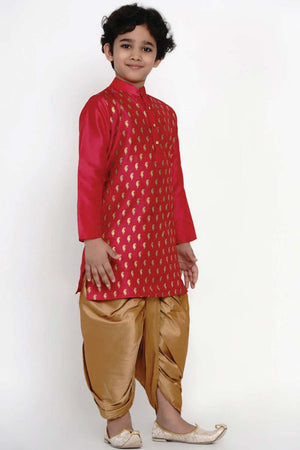 Buy Boy's Pink Kurta With Golden Dhoti Set Online - Front