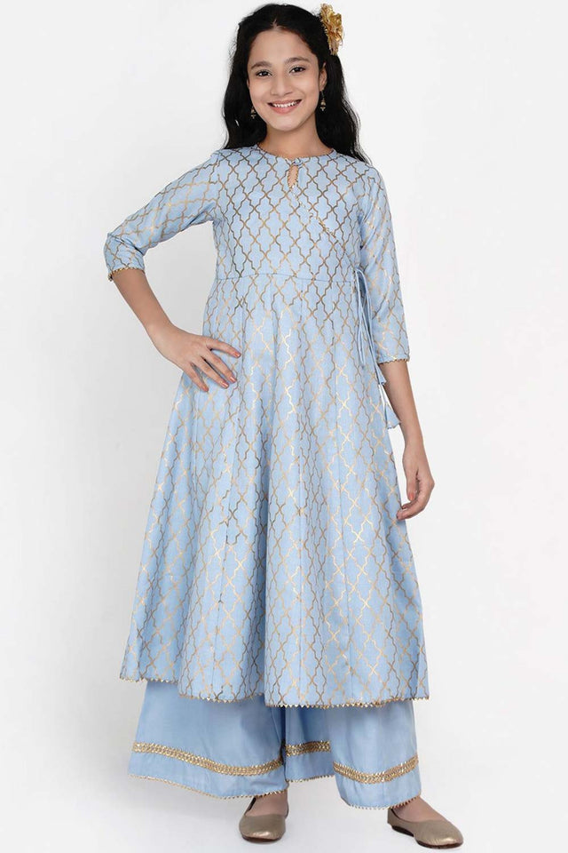 Buy Girl's Blue Printed Regular Kurta With Palazzos Online