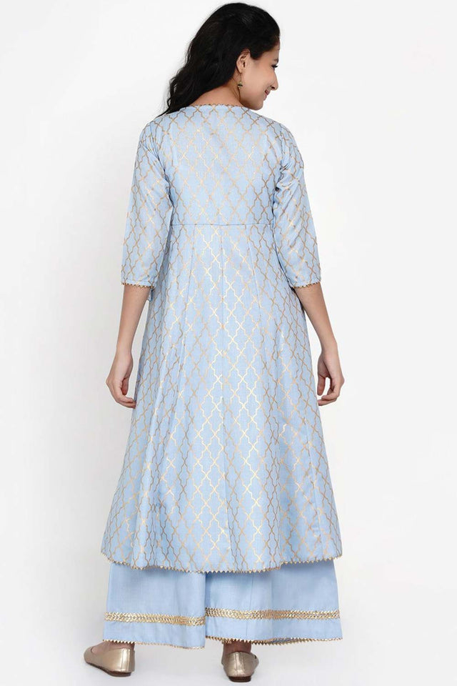 Buy Girl's Blue Printed Regular Kurta With Palazzos Online - Back