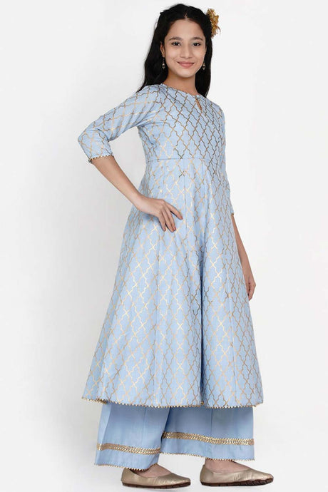 Buy Girl's Blue Printed Regular Kurta With Palazzos Online - Front