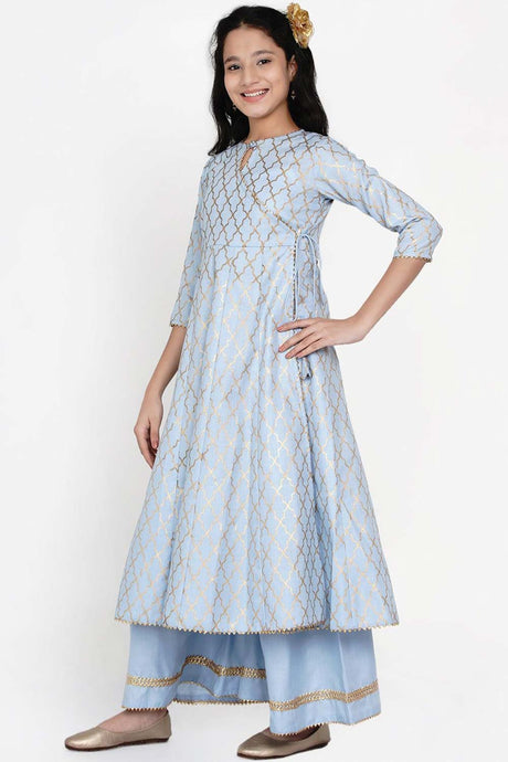 Buy Girl's Blue Printed Regular Kurta With Palazzos Online - Side