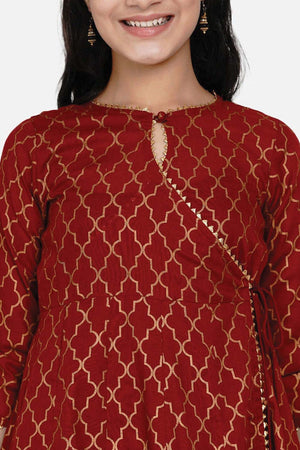 Buy Girl's Maroon And Gold Ethnic Motifs Foil Print Anarkali Kurta With Palazzos Online - Zoom In