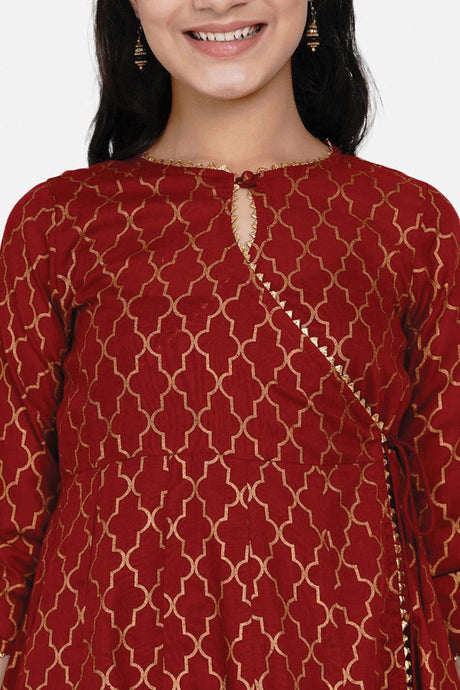 Buy Girl's Maroon And Gold Ethnic Motifs Foil Print Anarkali Kurta With Palazzos Online - Zoom In