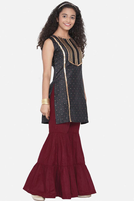 Buy Girl's Black Printed Regular Gotta Patti Kurta With Sharara Online - Front