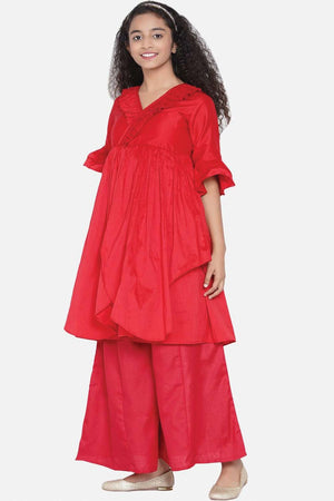 Buy Girl's Red Pleated Asymmetric Kurta With Palazzos Online - Front