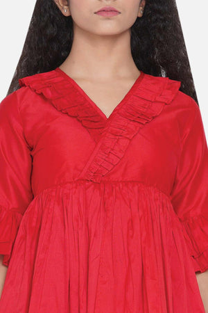 Buy Girl's Red Pleated Asymmetric Kurta With Palazzos Online - Side