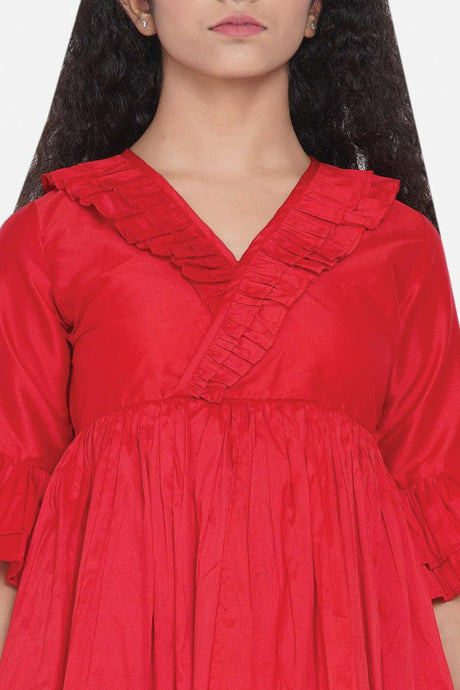 Buy Girl's Red Pleated Asymmetric Kurta With Palazzos Online - Side