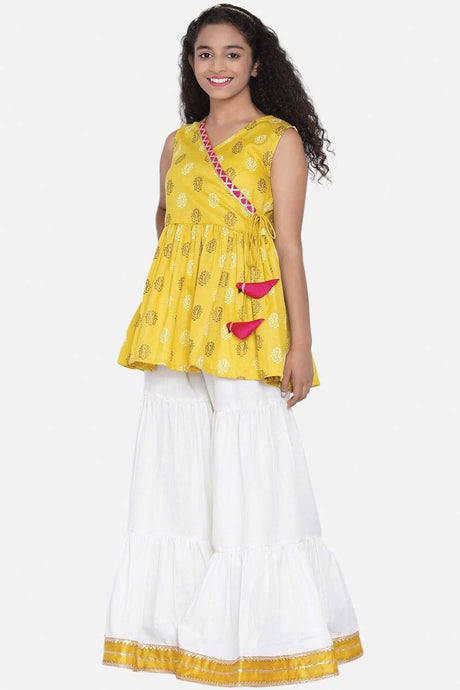Buy Girl's Mustard Yellow Floral Printed Angrakha Kurti With Sharara Online - Front
