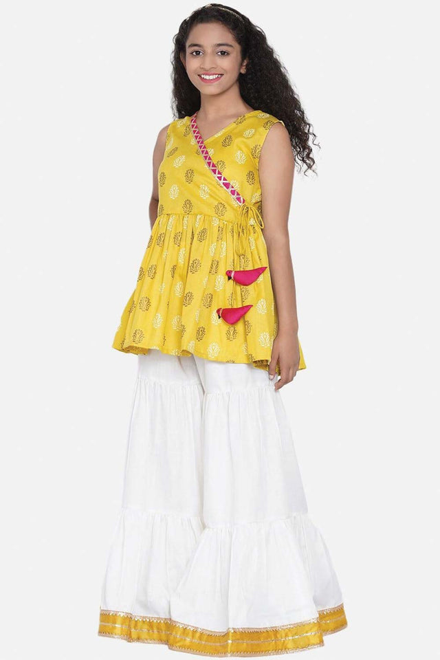 Buy Girl's Mustard Yellow Floral Printed Angrakha Kurti With Sharara Online - Front