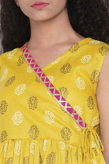 Buy Girl's Mustard Yellow Floral Printed Angrakha Kurti With Sharara Online - Side