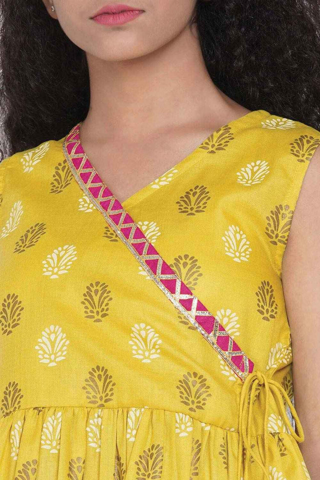 Buy Girl's Mustard Yellow Floral Printed Angrakha Kurti With Sharara Online - Side