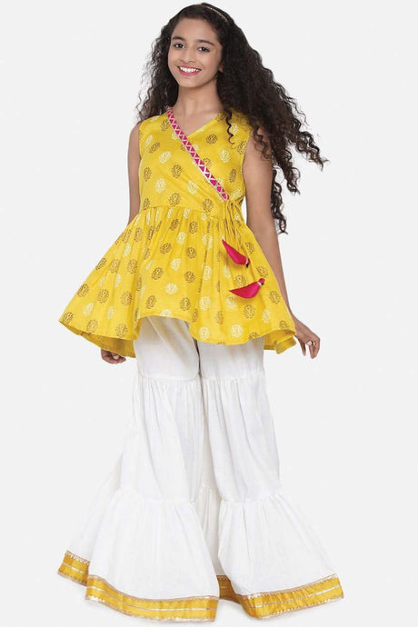 Buy Girl's Mustard Yellow Floral Printed Angrakha Kurti With Sharara Online