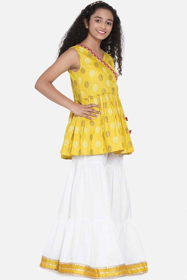 Buy Girl's Mustard Yellow Floral Printed Angrakha Kurti With Sharara Online - Back