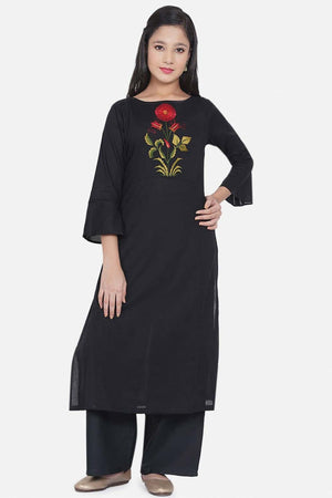 Buy Girl's Black And Red Floral Embroidered Kurta With Palazzos Online
