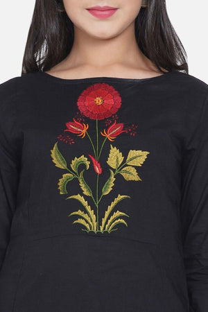 Buy Girl's Black And Red Floral Embroidered Kurta With Palazzos Online - Back