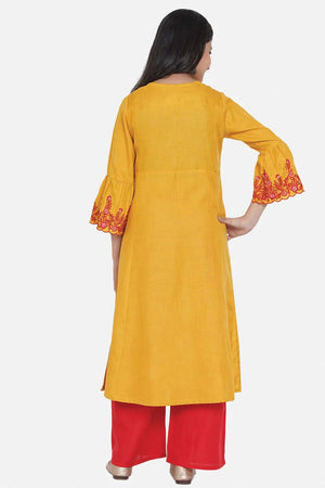 Buy Girl's Mustard Printed Clothing Set Online - Back