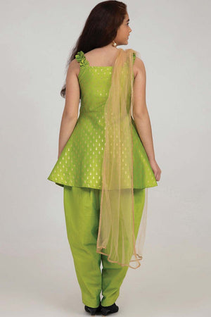 Buy Girl's Green Ethnic Motifs Kurti With Dhoti Pants And With Dupatta Online - Back