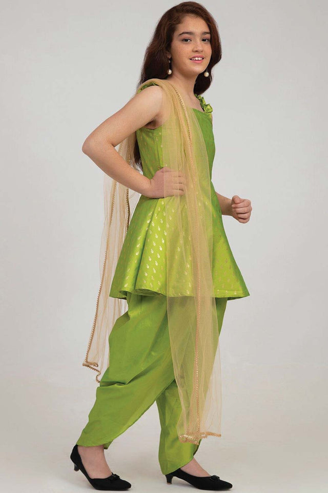 Buy Girl's Green Ethnic Motifs Kurti With Dhoti Pants And With Dupatta Online - Front