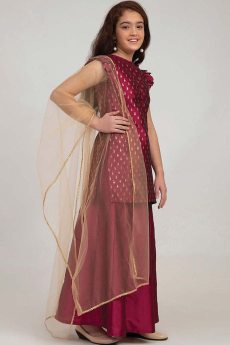 Buy Girl's Burgundy Embroidered Kurta With Sharara And With Dupatta Online - Front