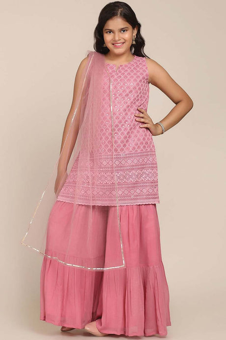 Buy Girl's Pink Embroidered Kurta With Sharara And With Dupatta Online