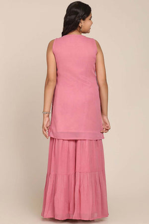 Buy Girl's Pink Embroidered Kurta With Sharara And With Dupatta Online - Back