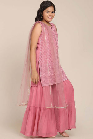 Buy Girl's Pink Embroidered Kurta With Sharara And With Dupatta Online - Front