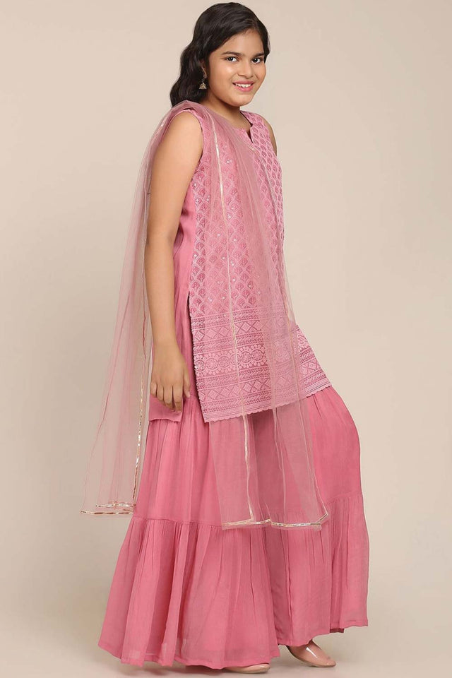 Buy Girl's Pink Embroidered Kurta With Sharara And With Dupatta Online - Front