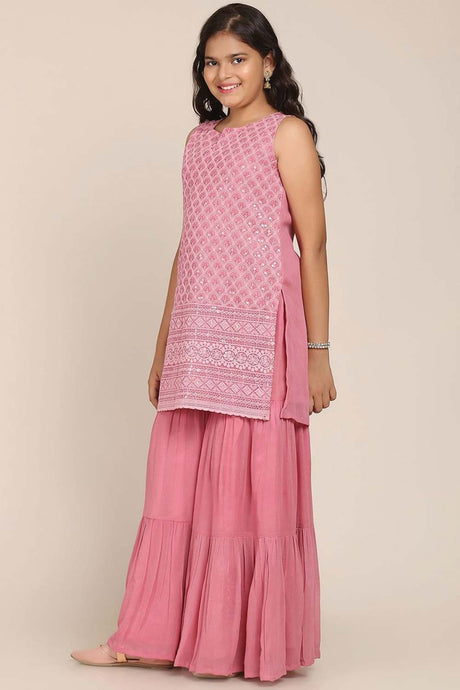 Buy Girl's Pink Embroidered Kurta With Sharara And With Dupatta Online - Side