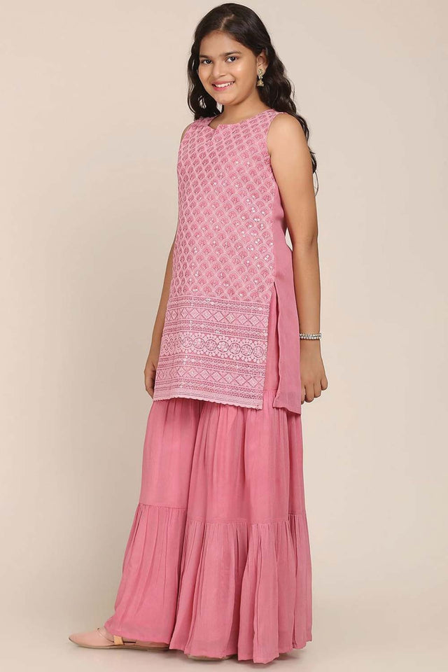 Buy Girl's Pink Embroidered Kurta With Sharara And With Dupatta Online - Side