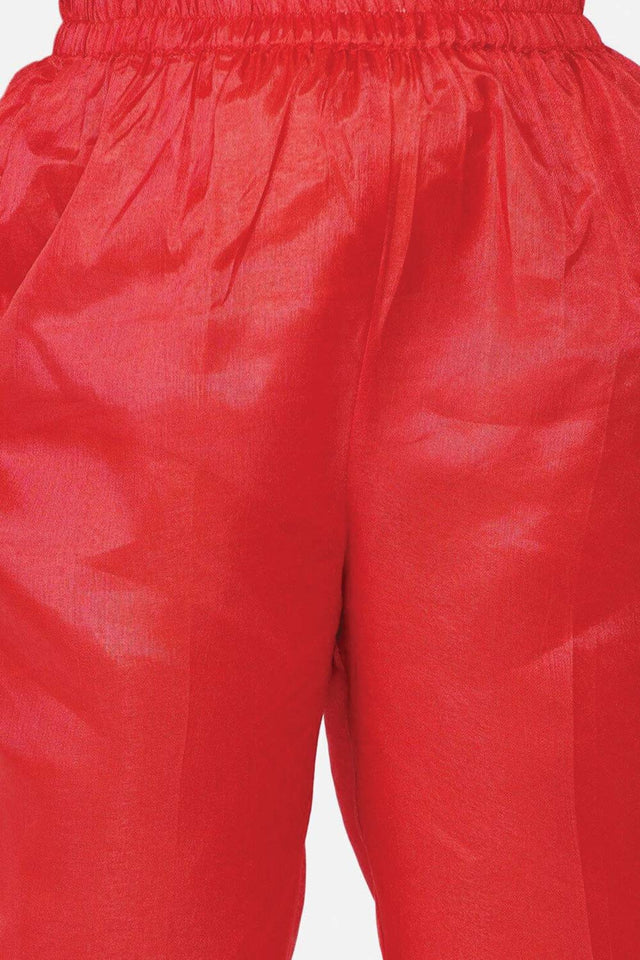 Buy Girl's Red Ethnic Motifs Printed Chanderi Cotton Kurta With Churidar And With Dupatta Online - Zoom In