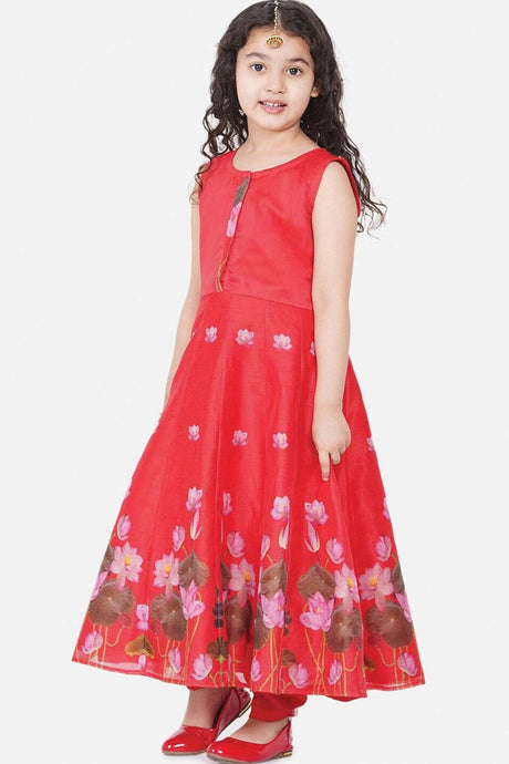 Buy Girl's Red Ethnic Motifs Printed Chanderi Cotton Kurta With Churidar And With Dupatta Online - Front