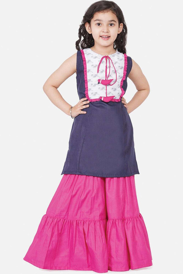 Buy Girl's Navy Blue And Pink Straight Kurta With Sharara Online