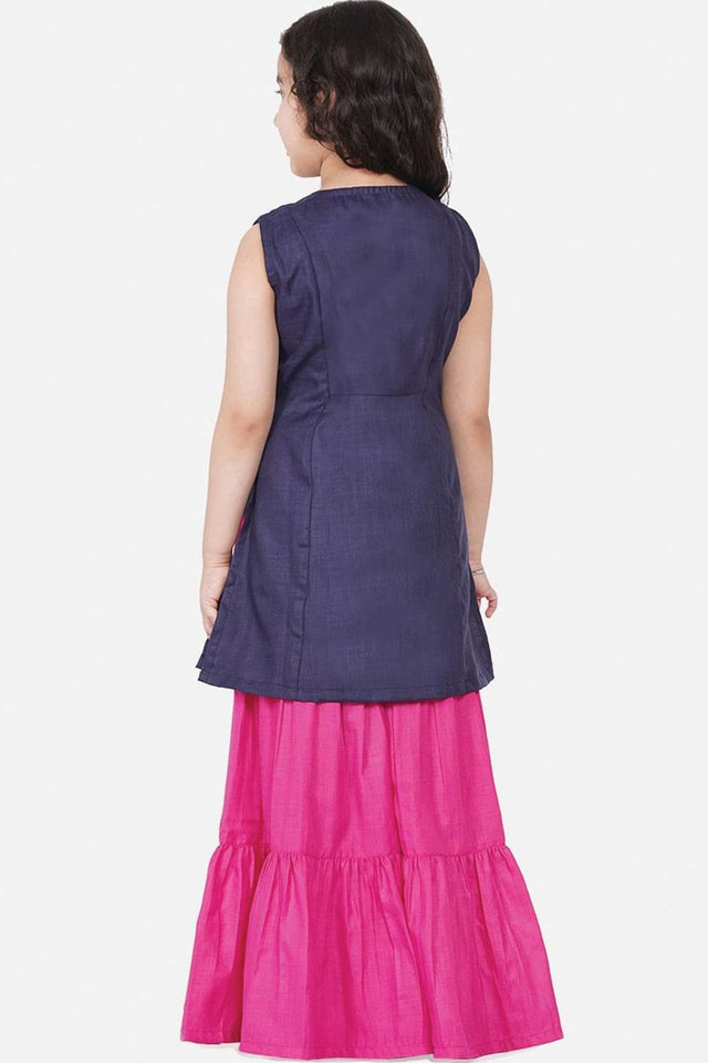 Buy Girl's Navy Blue And Pink Straight Kurta With Sharara Online - Back
