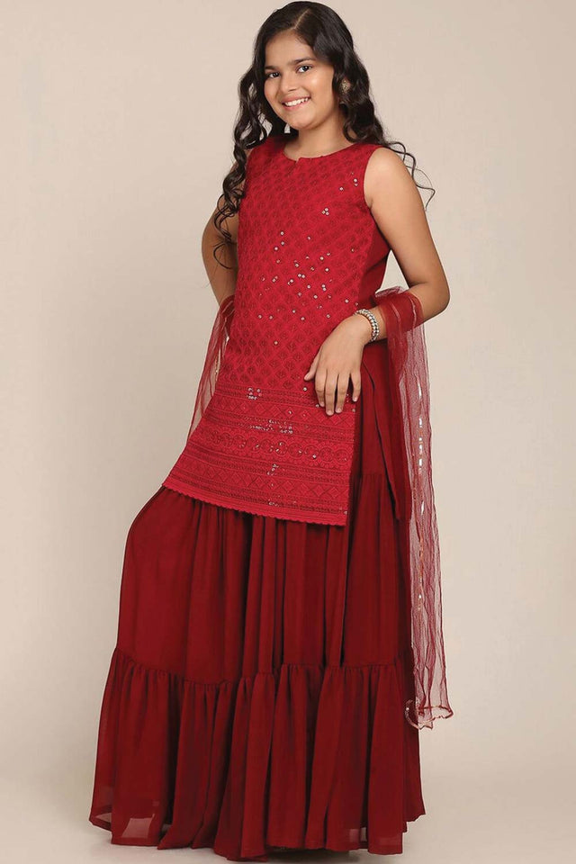 Buy Girl's Maroon Floral Embroidered Sequinned Kurti With Skirt And With Dupatta Online - Side
