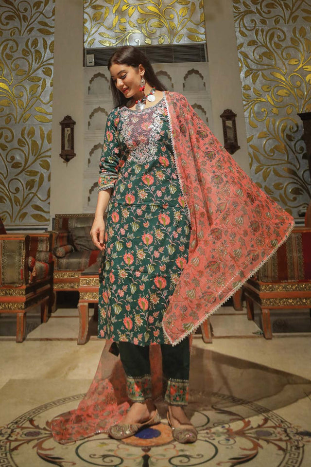 Buy Men's Copper Silk Blend Floral Printed Men's Kurta Pajama Jacket Set Online