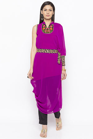 Georgette Asymmetric Kurti Top In Magenta