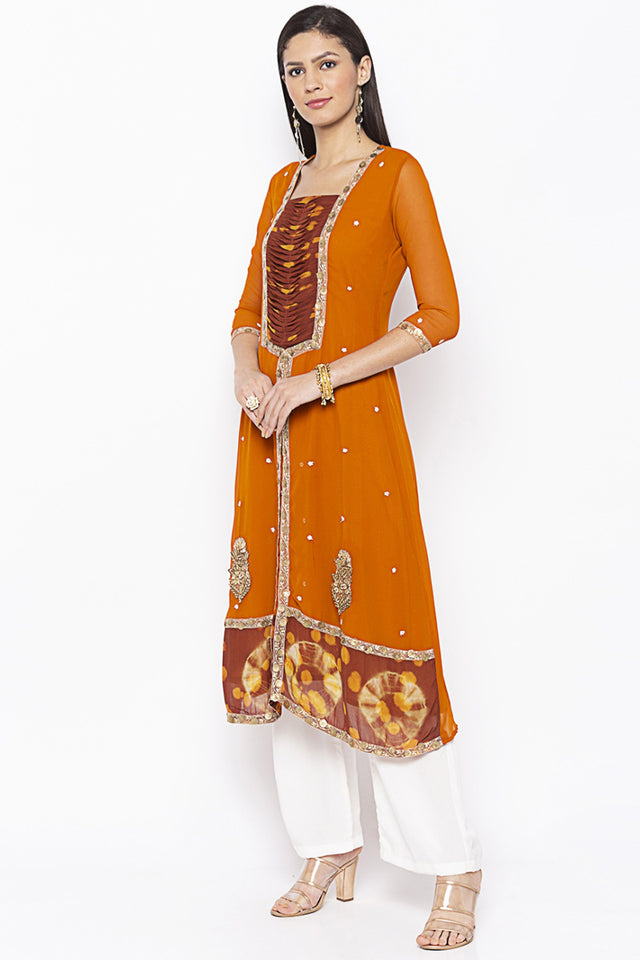 Georgette A Line Kurti Top In Mustard