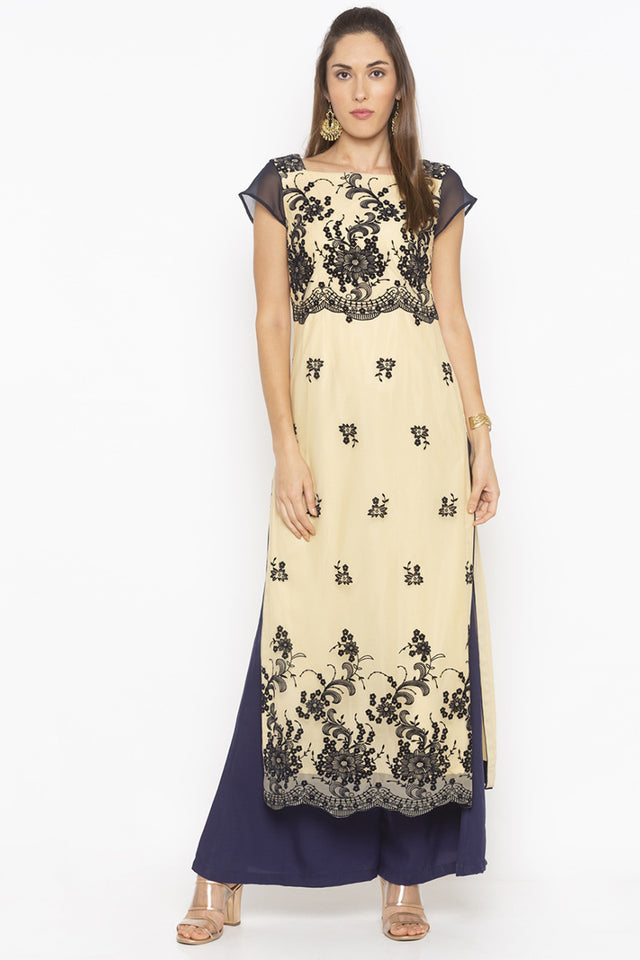 Net Straight Kurti Top In Beige