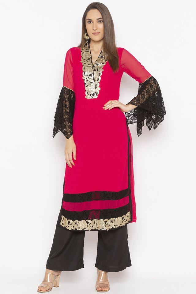 Georgette Straight Kurti Top In Pink