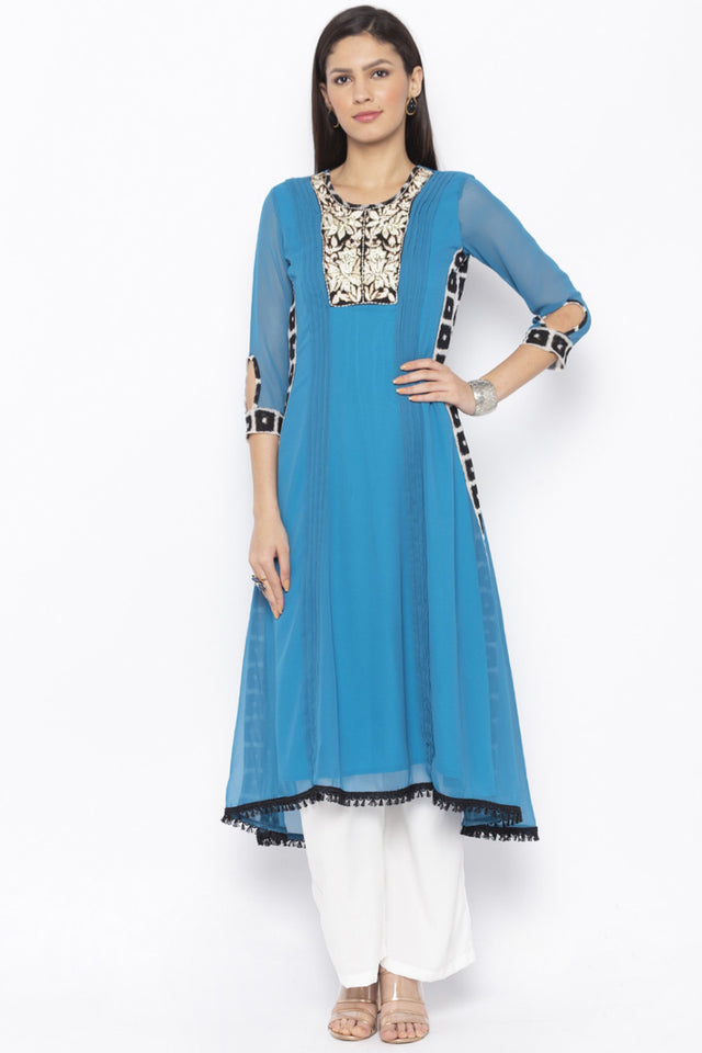 Georgette Asymmetric Kurti Top In Blue
