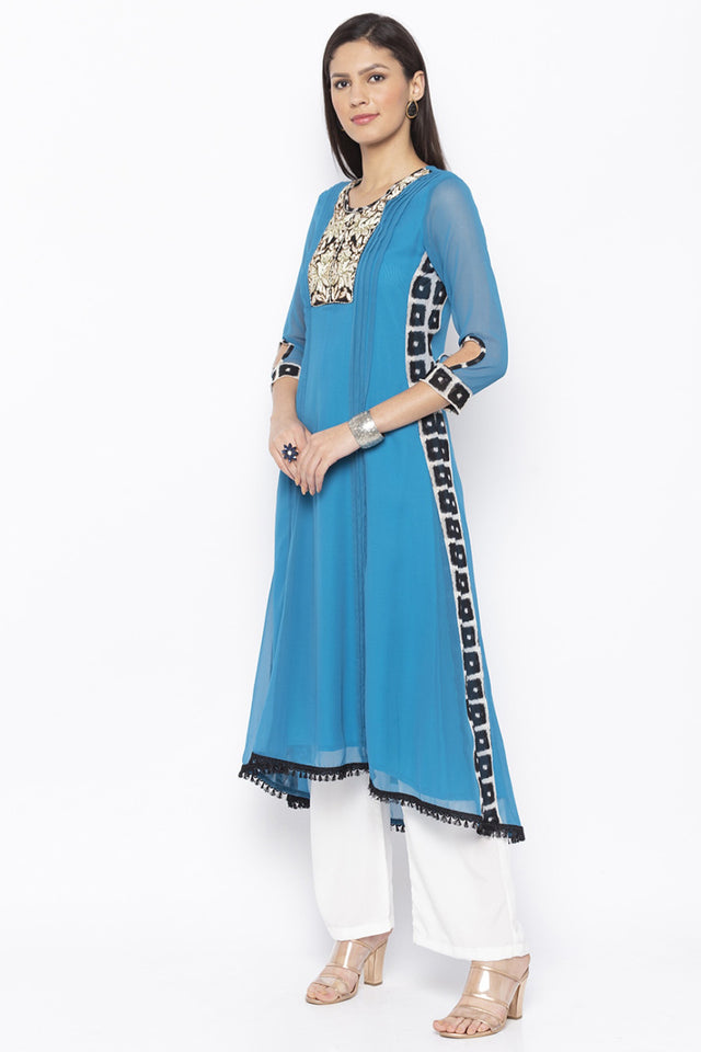 Georgette Asymmetric Kurti Top In Blue