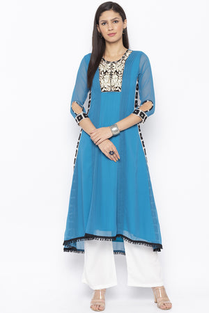 Georgette Asymmetric Kurti Top In Blue