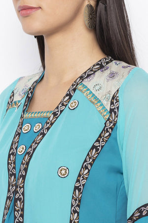 Georgette A Line Kurta Top in Blue - Neck Design