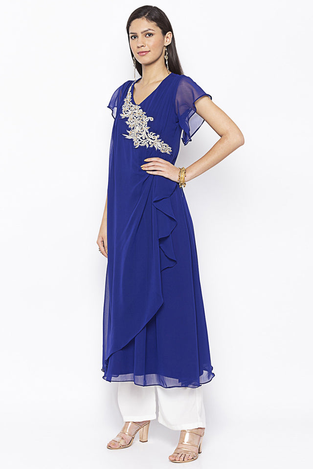 Georgette Asymmetric Kurti Top In Blue